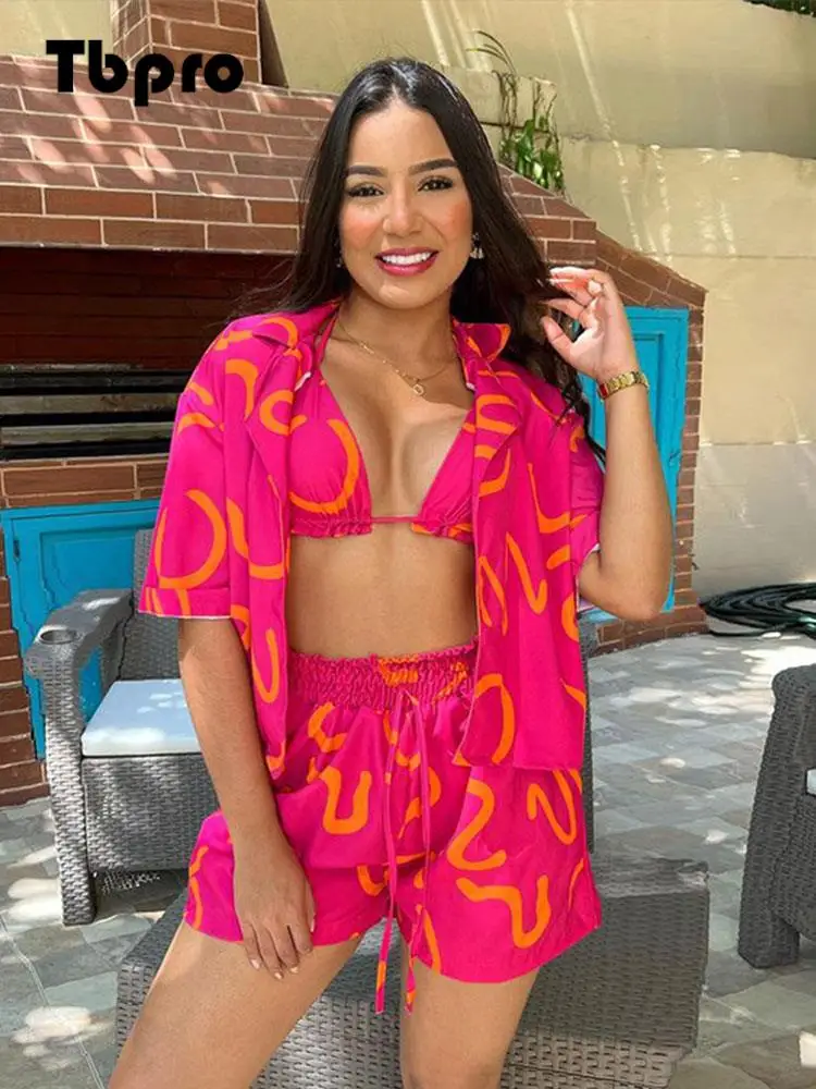 

2023 Summer Short-sleeved Cardigan Drawstring Underwear Shorts Three-piece Casual Sexy Lady's Suits Ladys' Holiday Party Wear