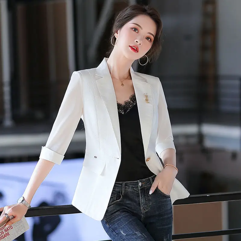Thin Small Suit Jacket Women's Spring and Summer 2023 Korean Version Slim Mesh Thin Short Seven-sleeve Suit Blouse