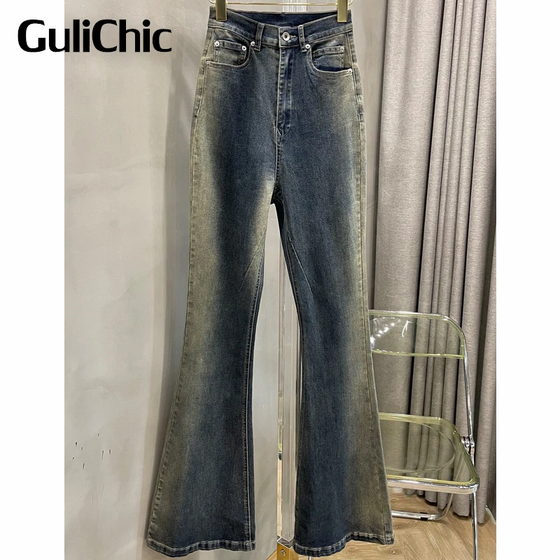 

9,22 GuliChic, модные женские джинсы-клеш с эффектом потертости и высокой талией