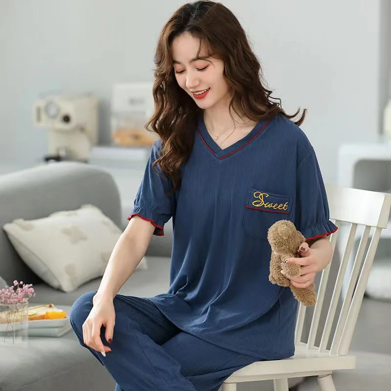 Summer Pajamas Set Women 100% Cotton Short Sleeve 2 Piece Set Nightwear Turn-Down Collar Homewear Lounge Clothes Pijama Femme