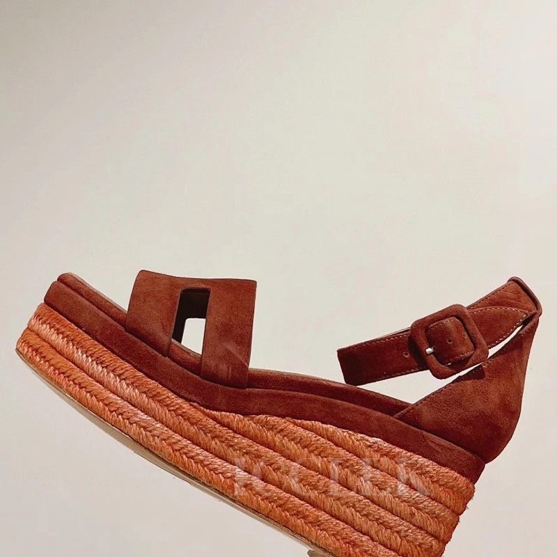 

New Wedges Sandals Ladies Summer Genuine Leather Material High Heel Sandals Weave Design Platform Female Single Shoes