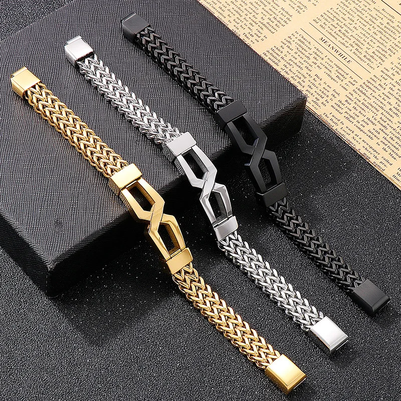 

Three-color Luxury Gold Plated Men Bracelet Black Stainless Steel 12MM Link Chain Male Bangle Armband with Magnet Clasp Clip