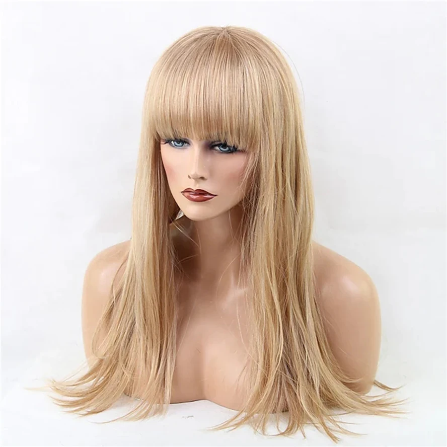 Human Hair Wig Dark Auburn Medium Length Natural Straight Full Wig for Women With Bangs