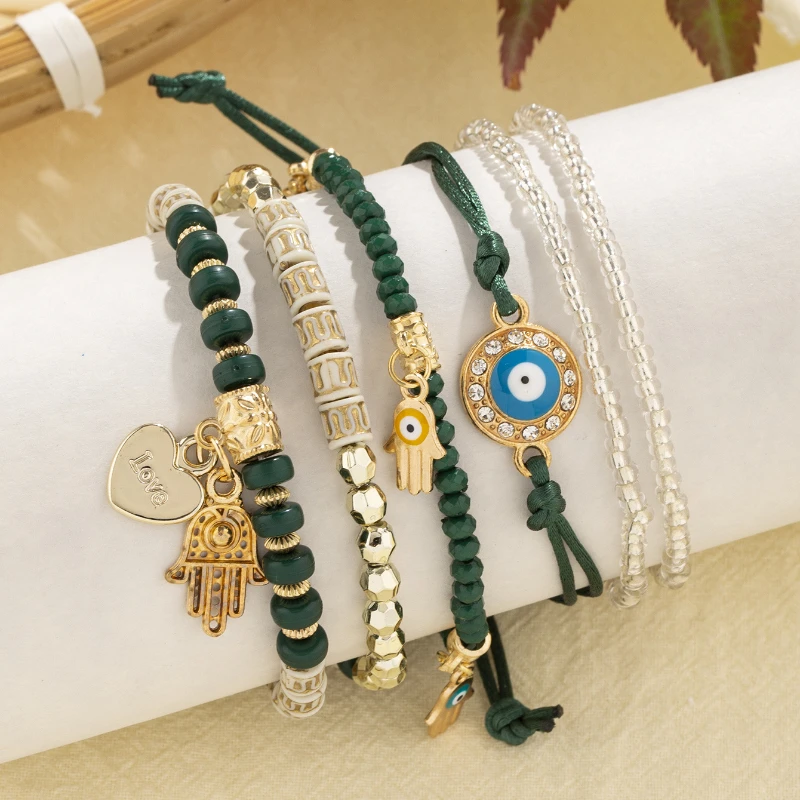 6pcs/set Bohemian Multilayer Elastic Weave Bracelets for Women Men Hand of Fatima Evil Eye Heart Beads Charms Bracelet Set