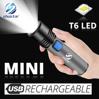 usb rechargeable led flashlight with t6 led built in 1200mah lithium battery waterproof camping light zoomable torch