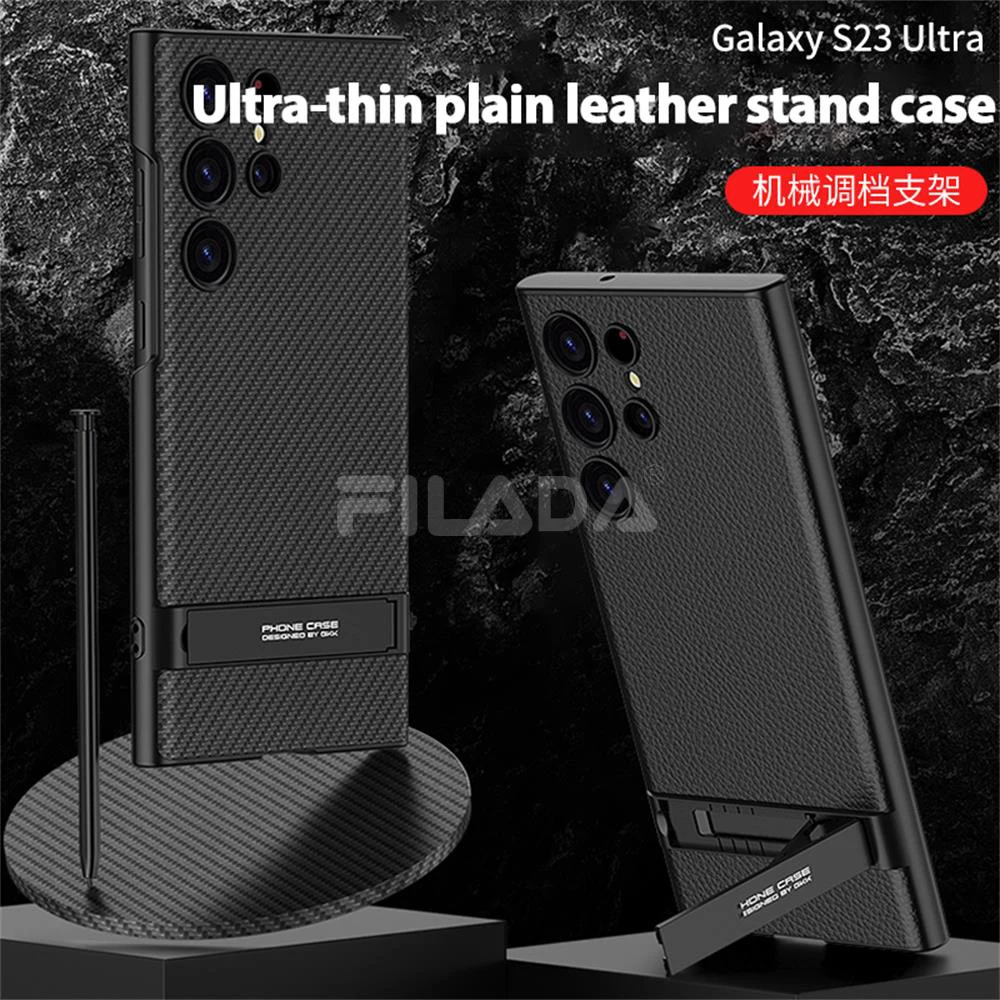 For Samsung Galaxy S23 Ultra Plus Case Ultra-thin Plain Leather Matte Adjustment Bracket Shockproof Protective Cover Accessories