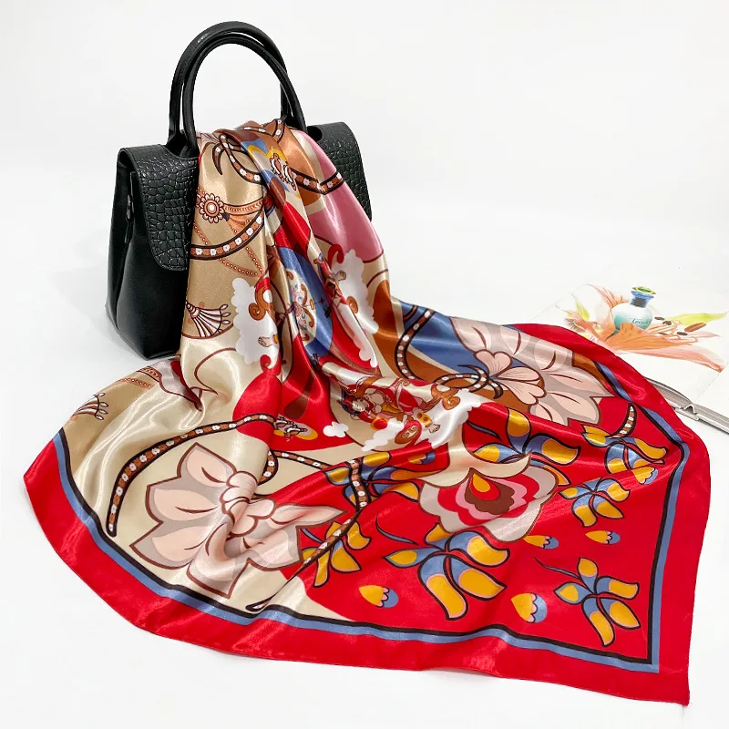 

Simulated silk large square scarf 90cm girls all-match shawl printed silk scarf satin flower square scarf headband scarf