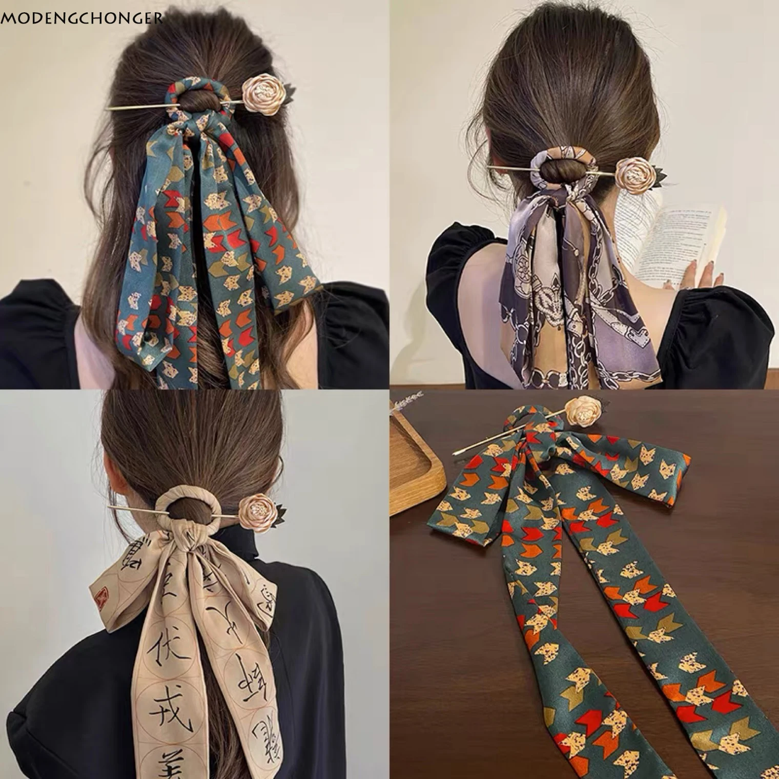 

1PC Silk Scarf Hairpin Antique Elegant Temperament Bow Hairband Female 2022 New Fashion Long Streamer Headwear Hair Accessories