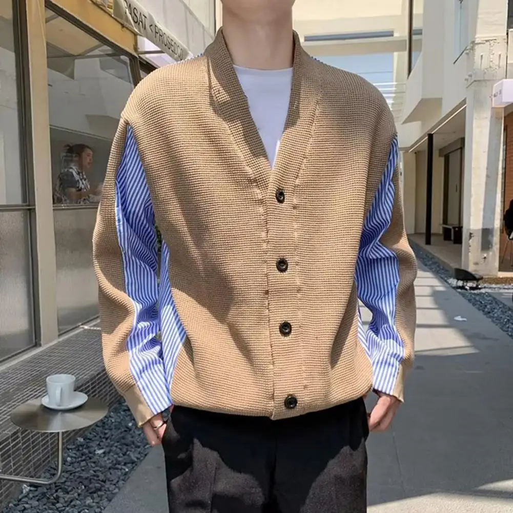 

Men Cardigan Sweater V-neck Stripe Splicing Sweater Coat Waffle Grids Single-breasted Long Sleeves Outwear Autumn Men Knitwear