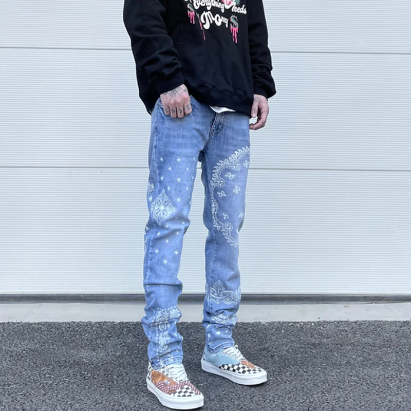 Mens High Street Paisley Print Denim Jeans Casual Hip Hop Distressed Jeans Slim Fit Skinny Denim Pants Joggers Streetwear Men