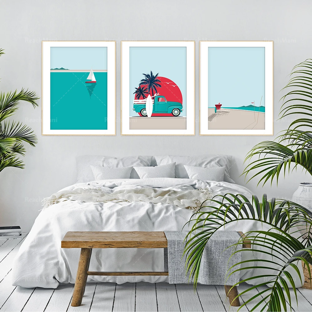 

Surfing adventure poster, surf van print, summer travel, tropical paradise, beach, California ocean coast, surfboard