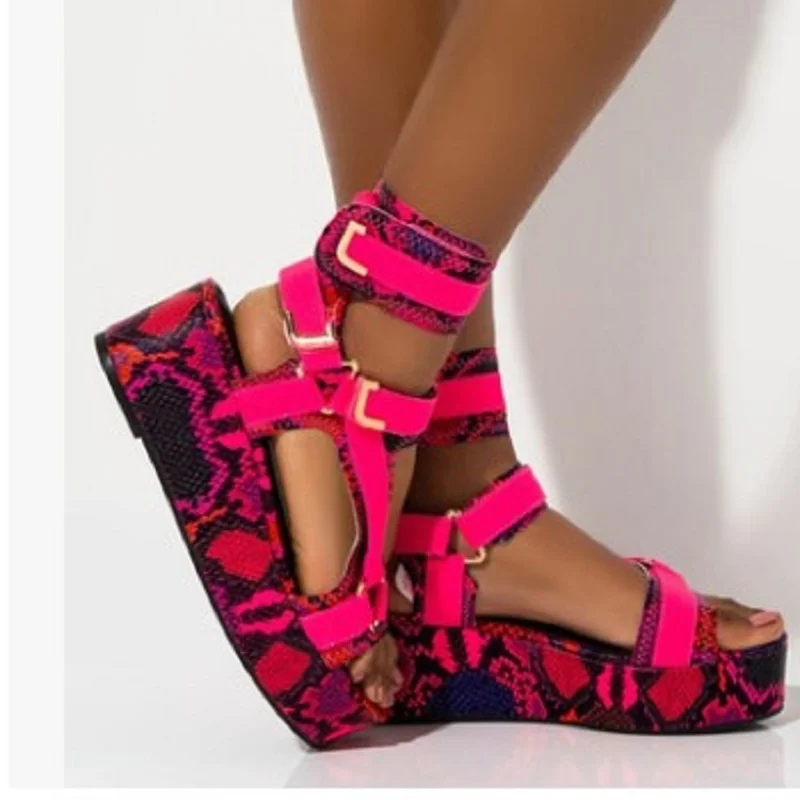 

2022 Size 43 Summer Flat Platform Multi Colors Snake Printed Gladiator Sandals Shoes Women Sandalias Mujer