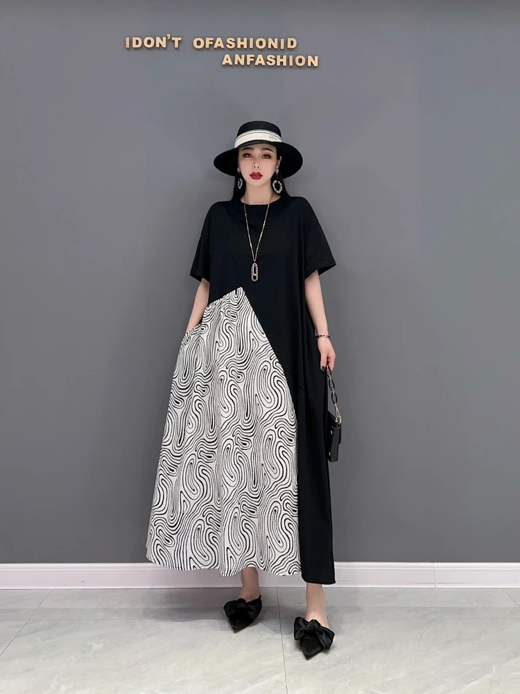 

SuperAen 2022 Spring New Fashion Casual Short Sleeve O Neck T-shirt Splicing Chiffon Dresses Women