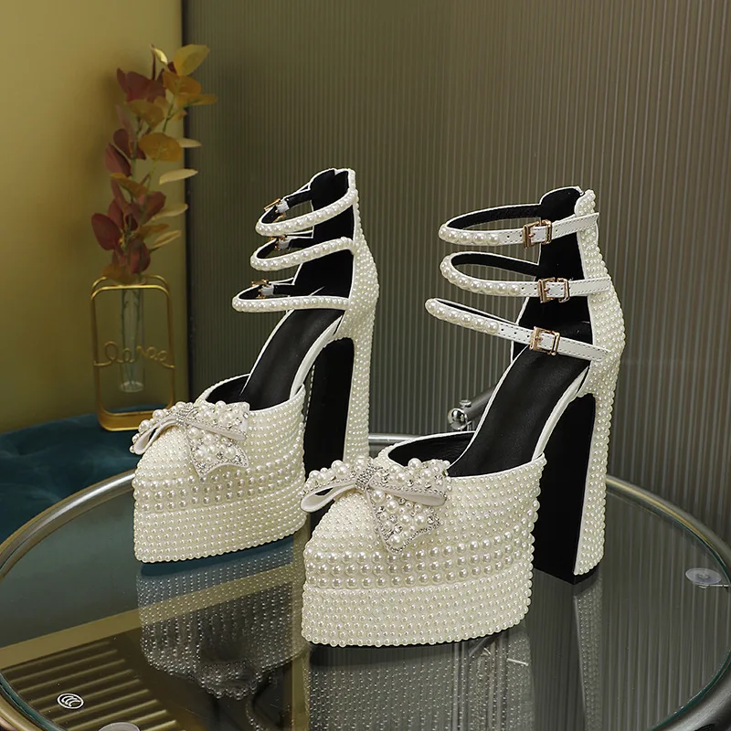 

Fashion Thick High Heels Super High Thick Heel Muffin Sandals Pearl Bow Pointed Sandals Banquet Dress Shoes