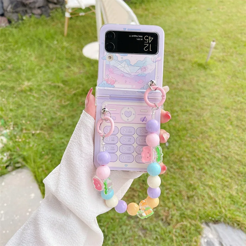 

Clear Cute Cartoon Bead Wrist Strap Phone Case for Samsung Galaxy Z Flip 5 4 3 5G Flip3 Flip4 Flip5 PC Plastic Shockproof Cover