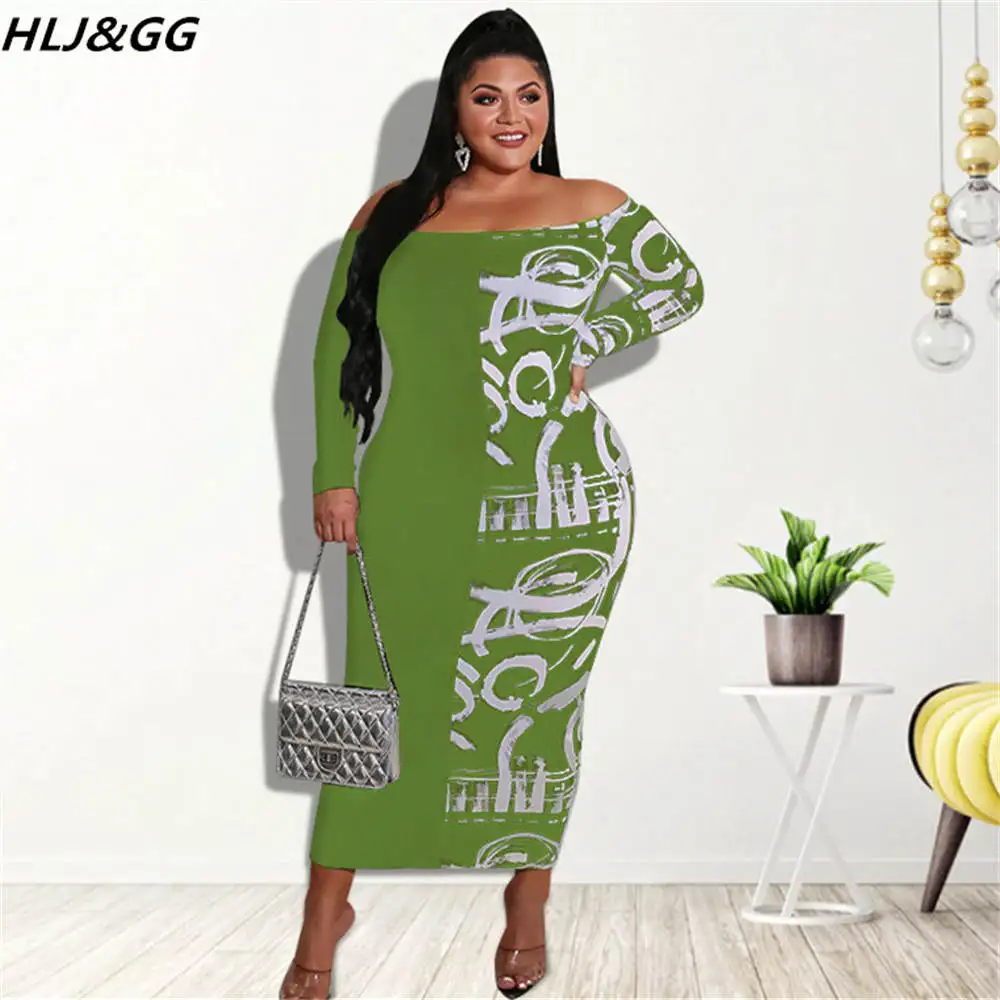 HLJ&GG Sexy Off Shoulder Long Sleeve Bodycon Mid Dresses Plus Size Women Graffiti Print Dress Fashion Female Streetwear Vestidos