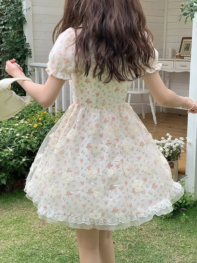 Hikigawa повседневное кружевное лоскутное женское платье с квадратным воротником