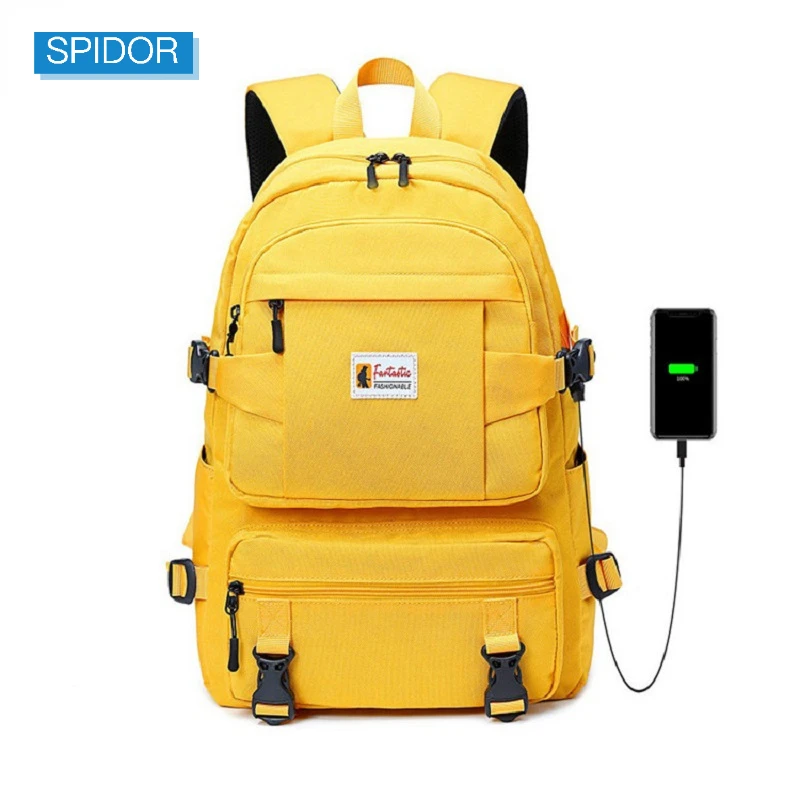 SPIDOR fashion yellow backpack children school bags for girls waterproof oxford large school backpack for teenagers schoolbag