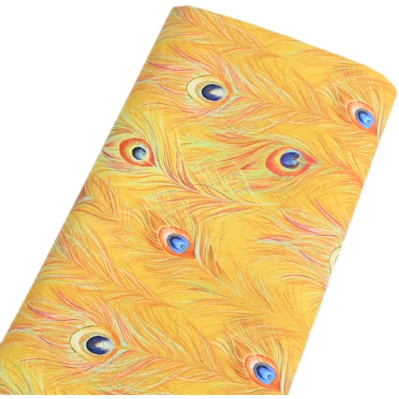 

Half Yard Plain 100% Cotton Fabric With Gold Yellow Feather Print, Handmade DIY Bag Garment Sewing Tissue CR-1432