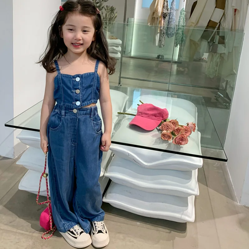 

Girls Clothing Sets Girls Korean Fashion Clothing Summer Cowboy Blouse Top + Denim Shorts 2pcs Suits Toddlers Kids Casual Clothe