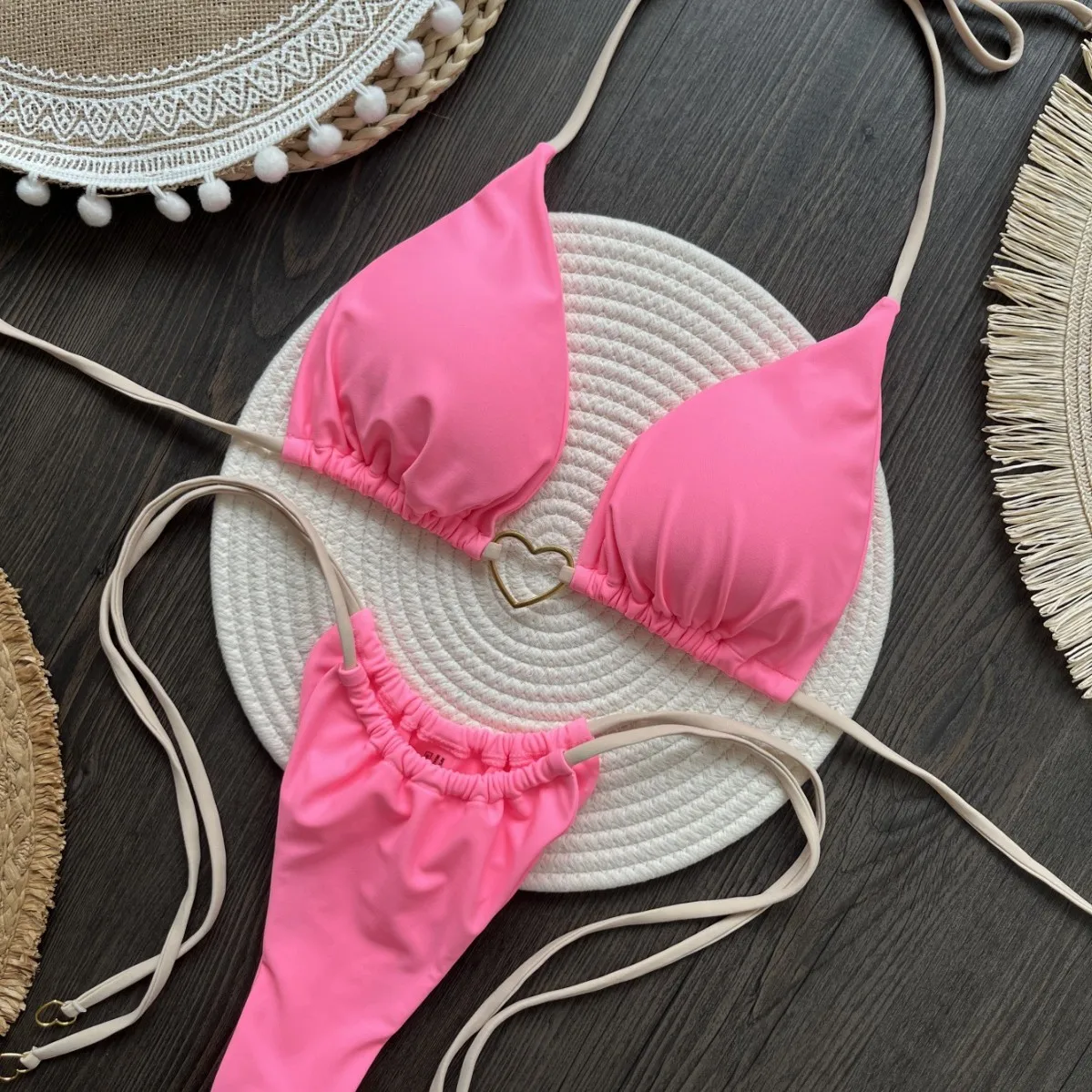 Металлический бразильский бикини в форме сердца с лямкой на шее женский