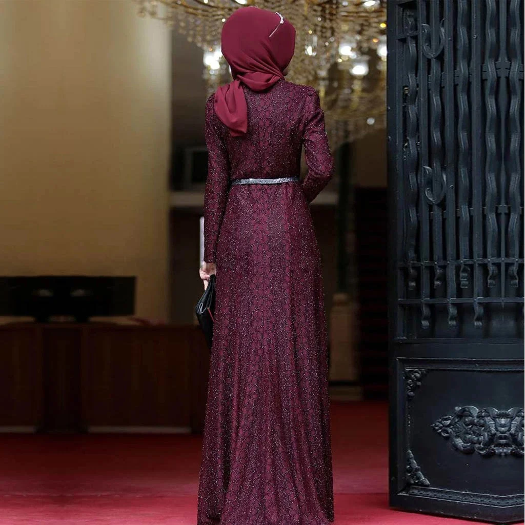 

Muslim Hijab Dress Lace Lurex Shiny 2021 New Season Women Evening Dress Belt Sash Chiffon Eid Mubarak Party Evening Long Dress Arabic Turkish Islamic Clothing