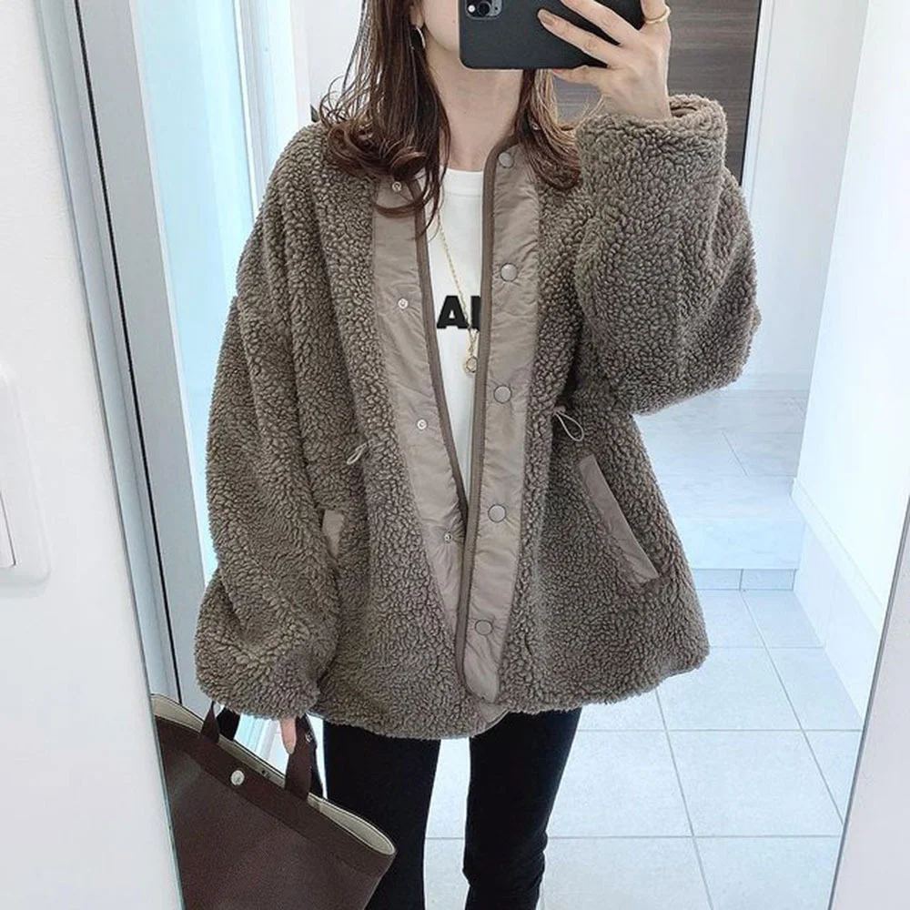 Winter Short Cotton Padded Jacket Long Sleeve Tops Loose Thickening Warm Faux Fur Jacket Japanese New Style Cute Button Overcoat