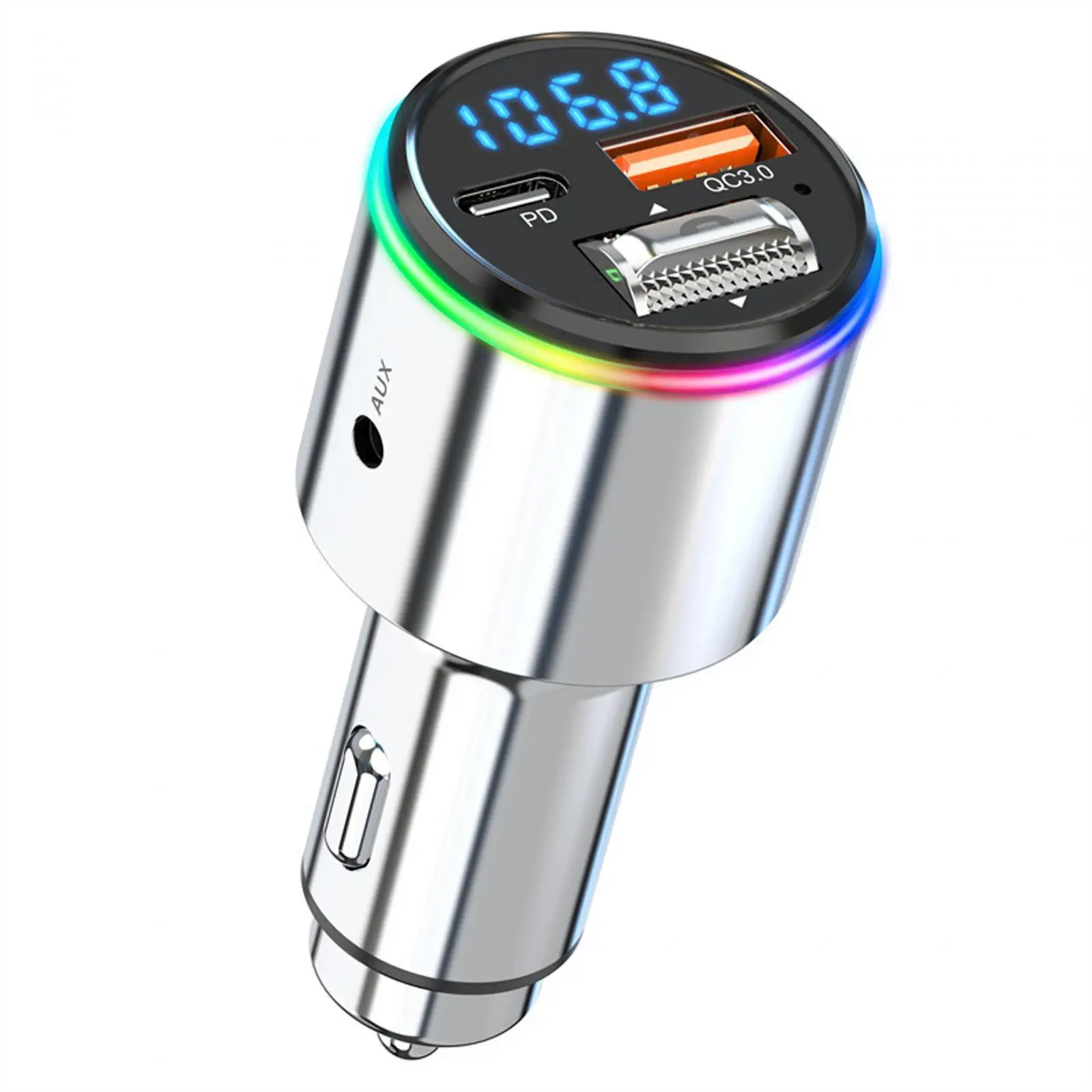 

V5.3 FM Transmitter for Car BC1.2 Hands Free Calling QC2.0 Fcp Bass Boost PD 30W AUX Input Output Music Player for Truck