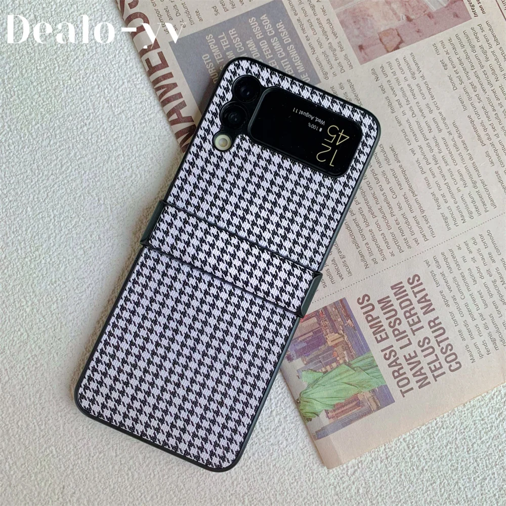 Luxury Leather Full Enclosure Protection Shell for Samsung Galaxy Z Flip3 Classic Simple Plaid Pattern Design for Z Flip4 Case