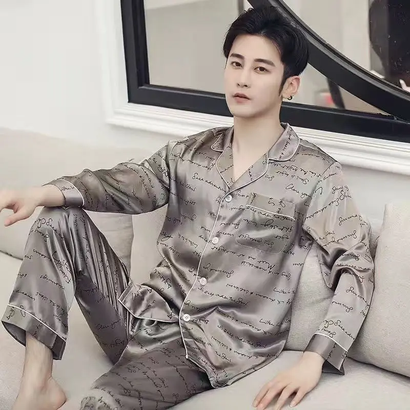 High quality pajamas for men, spring and autumn teen thin silk set, air conditioning room, long sleeves, fashion loungewear