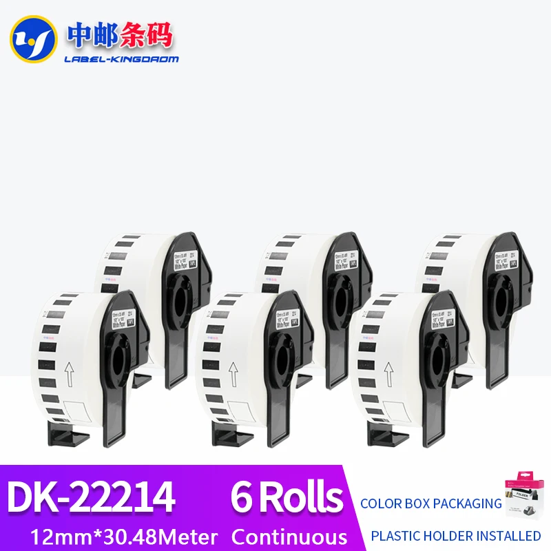 

6 Rolls Generic DK-22214 Label 12mm*30.48M Continuous Compatible for Brother Printer QL-570/700 All Include Plastic Holder