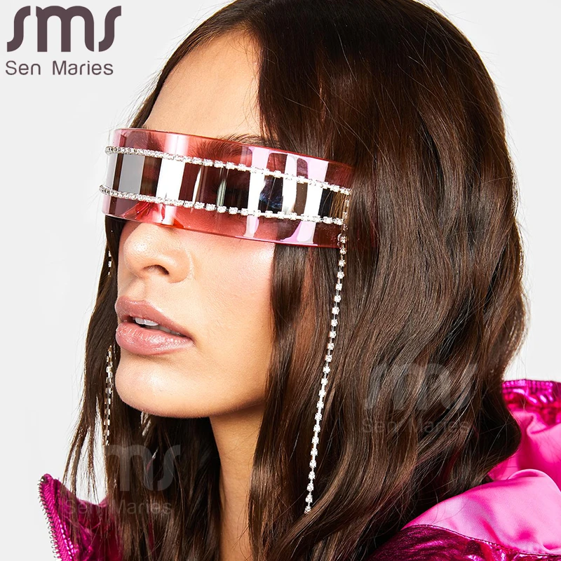 Цельные зеркальные солнцезащитные очки женские прямоугольные стразы с