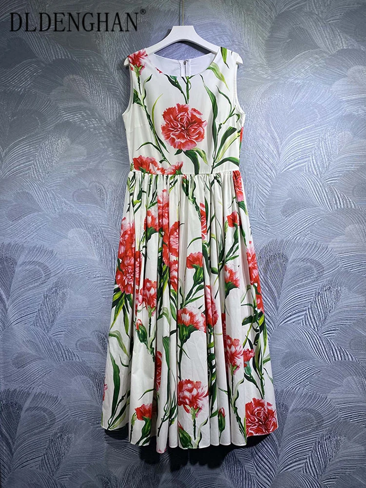 

DLDENGHAN Spring Summer Women Cotton Tank Dress O-Neck Sleeveless Sicily Flowers Print Elegant Party Midi Dresses Designer New