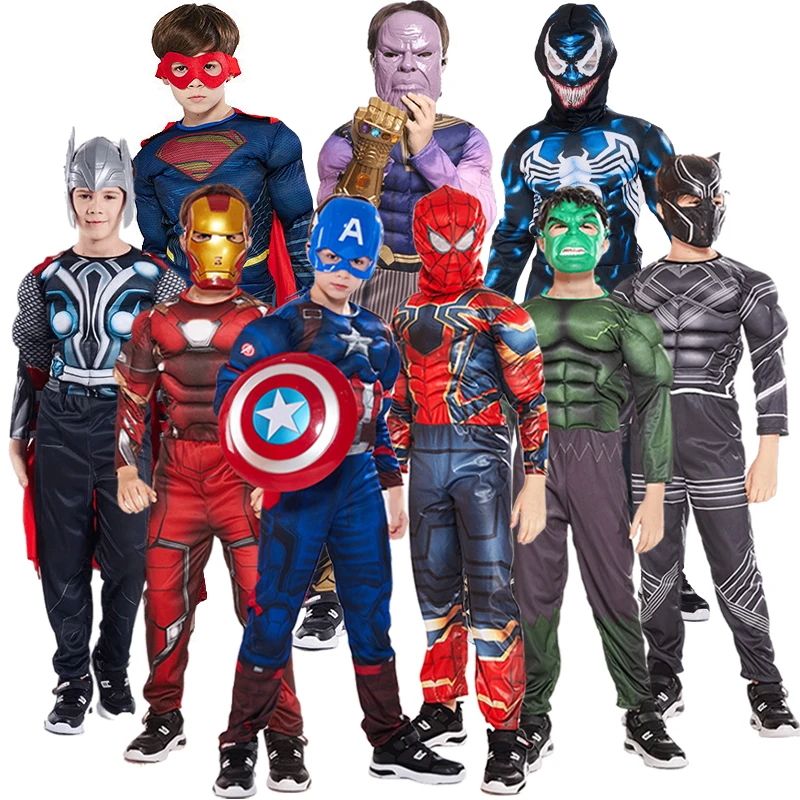 Marvel Superhero Spider Man Kapten Amerika Iron Man Thor Hulk Kostum Cosplay Otot Bodysuit Jumpsuit untuk Anak-anak Pesta Halloween