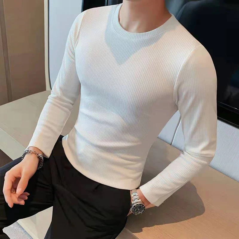 

Fashion 2021 Winter New Waffle Solid Long Sleeve T Shirts For Clothing Slim Fit Casual Tee Shirt Homme