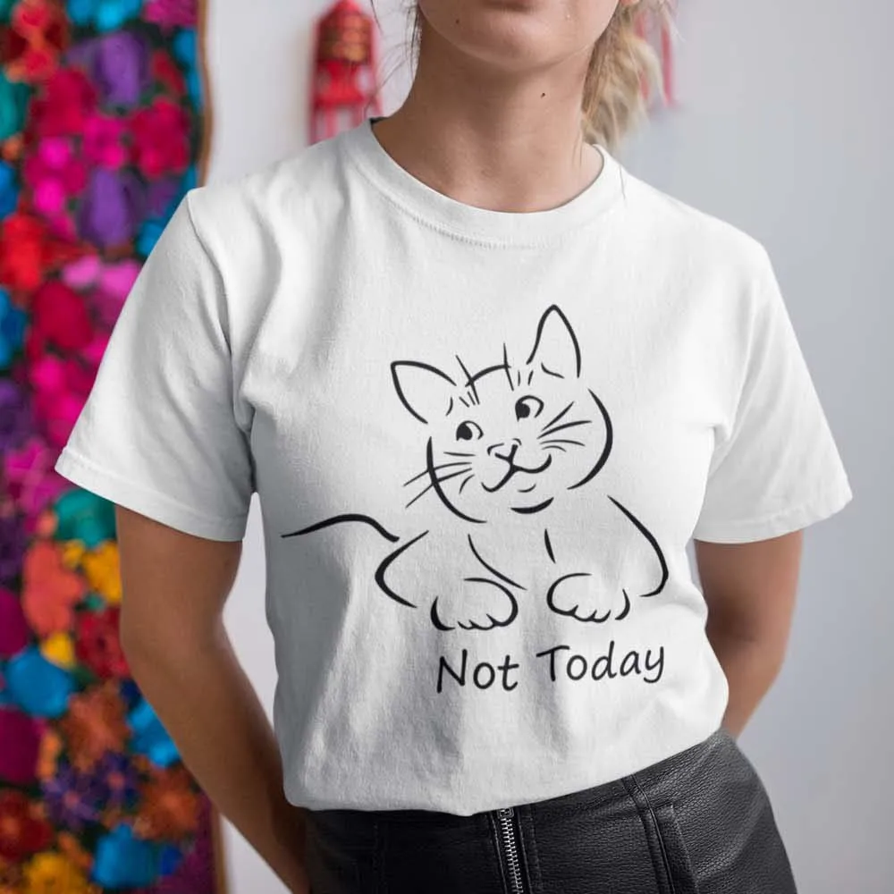 

White T-shirt Lady Top Summer Short Sleeve Women's Fashion Casual Simple Cat Not Today Printing Comfortable Round Neck Versatile