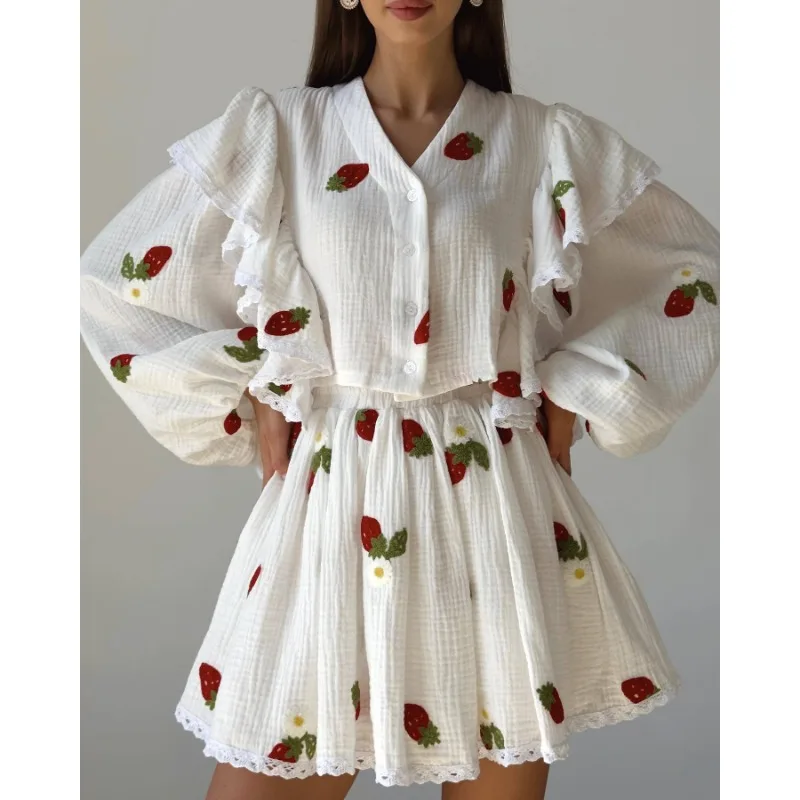 

Women Linen Two Piece Set Skirt Outfits Homewear Casual Fashion Long Lantern Sleeve Ruffle Crop Top Skirt Pajama Sets Loungewear