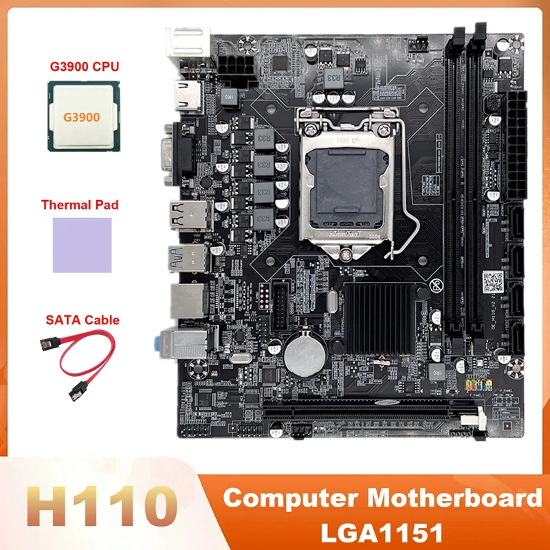 

Материнская плата H110 LGA1151 для компьютера, поддерживает Процессор серии Celeron G3900, G3930 с процессором G3900, термопадом и кабелем SATA