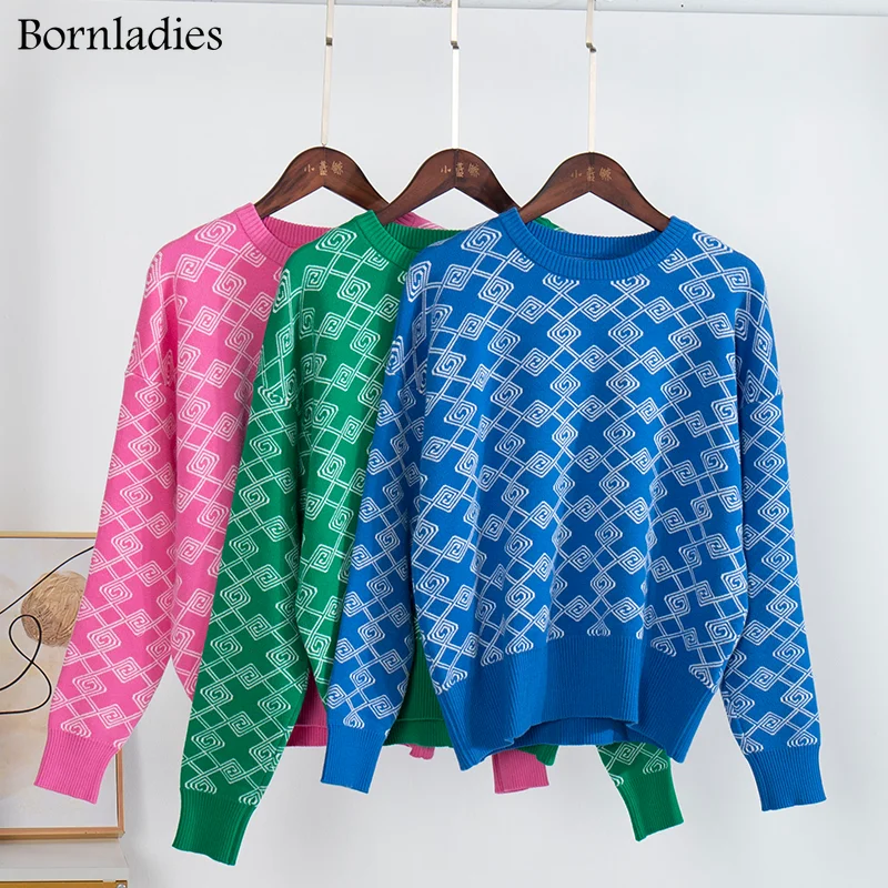 Bornladies Geomastric Knit Women Sweater Autumn Winter O Neck Female Jumper Fashion Cozy Christmas Pullover Knitted Pull Outfits