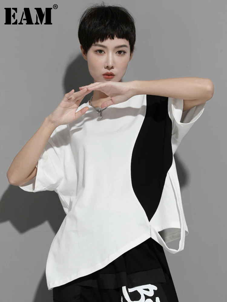 

[EAM] Women White Color-block Irregular Big Size T-shirt New Round Neck Half Sleeve Fashion Tide Spring Summer 2023 1DE8661