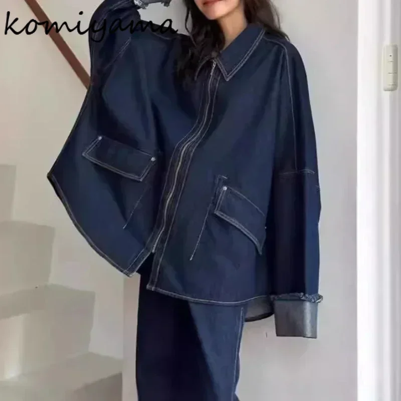 Японская джинсовая женская верхняя одежда 2025 года с лацканами и длинными