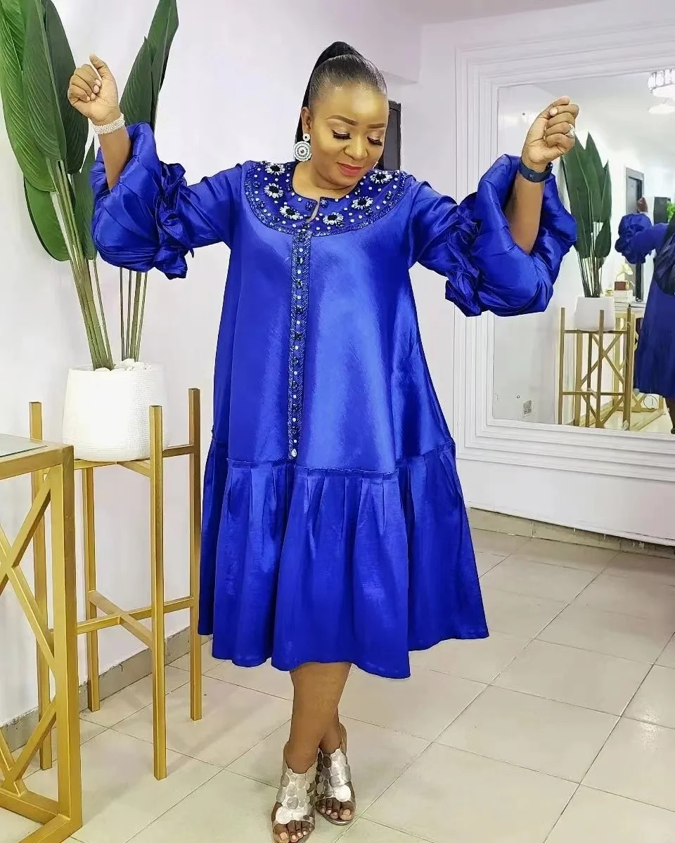 Plus Size Large Women's Dress 2023 New Heavy Work Beaded Dress Party Dress Women Solid Color Long Sleeve Casual Female Clothes