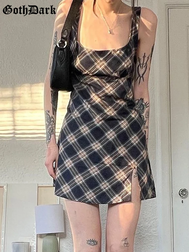 

Goth Dark E-girl Plaid Gothic Split Sexy Mini Dresses Grunge Aesthetic Square Neck Casual Dress Skinny Backless 90s Streetwear