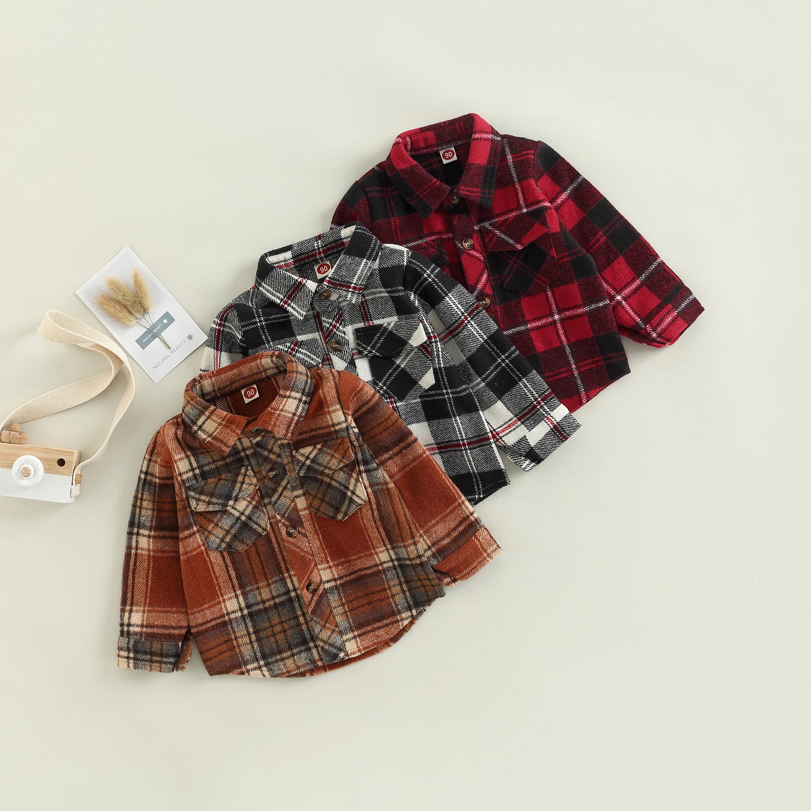 

TR New Autumn Kids Toddler Baby Girls Boys Coat Plaid Printed Long Sleeve Lapel Shirt Button Outwear Fall Clothes