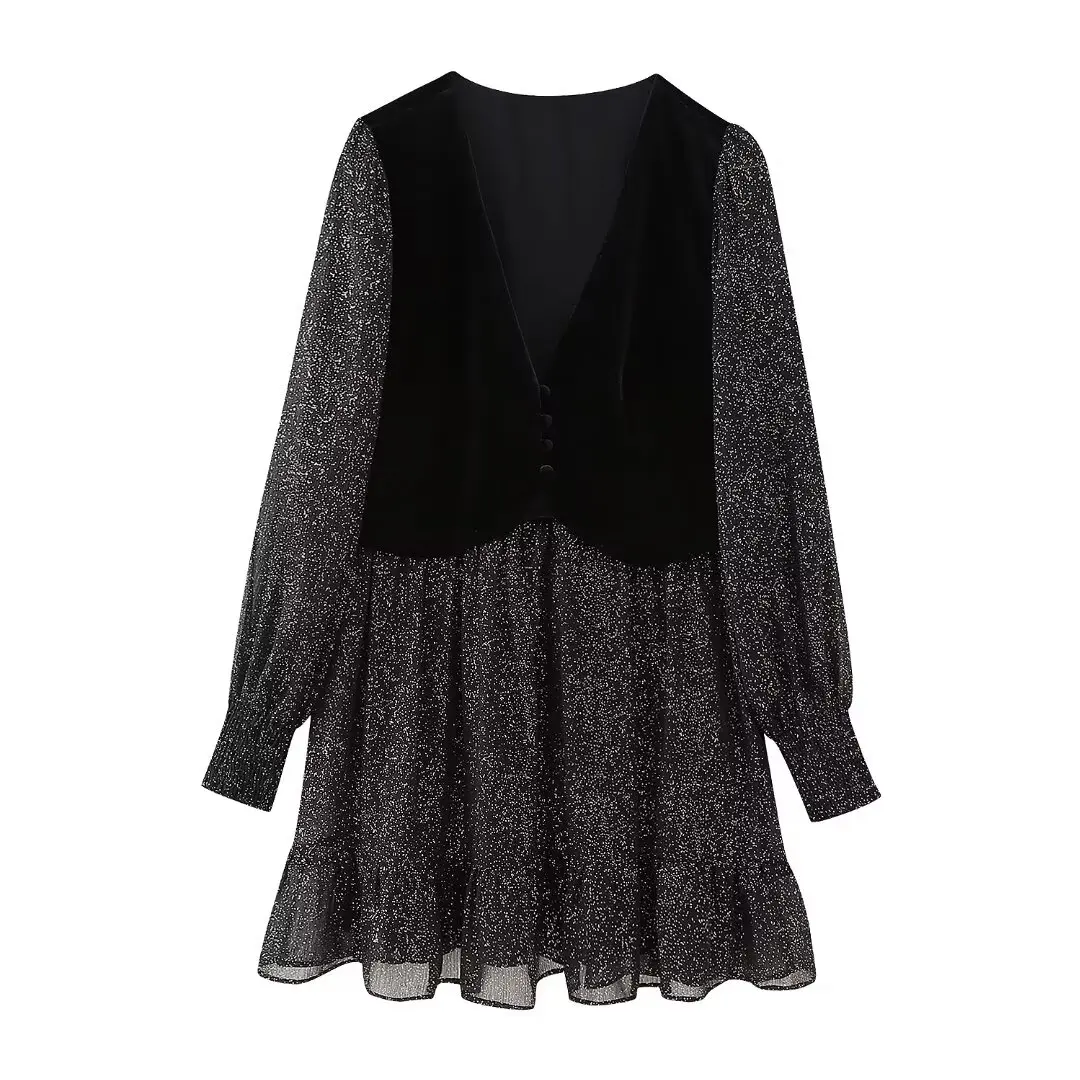 

Women New Fashion Vest Stitching Short dress Vintage V-Neck Long Sleeve Casual Chic Female Mini Dresses Vestidos robe Mujer