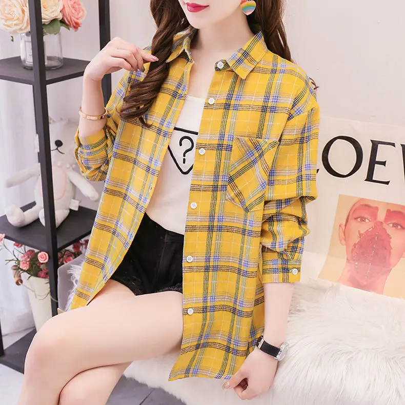 Женская хлопковая блузка в клетку с длинным рукавом XZ619 | одежда