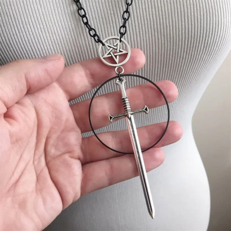 

Vintage Sword Pendant Necklace Fashion Pentagram Pagan Jewelry Accessories Gift Circle Creative Gothic Dagger Charm Choker Trend