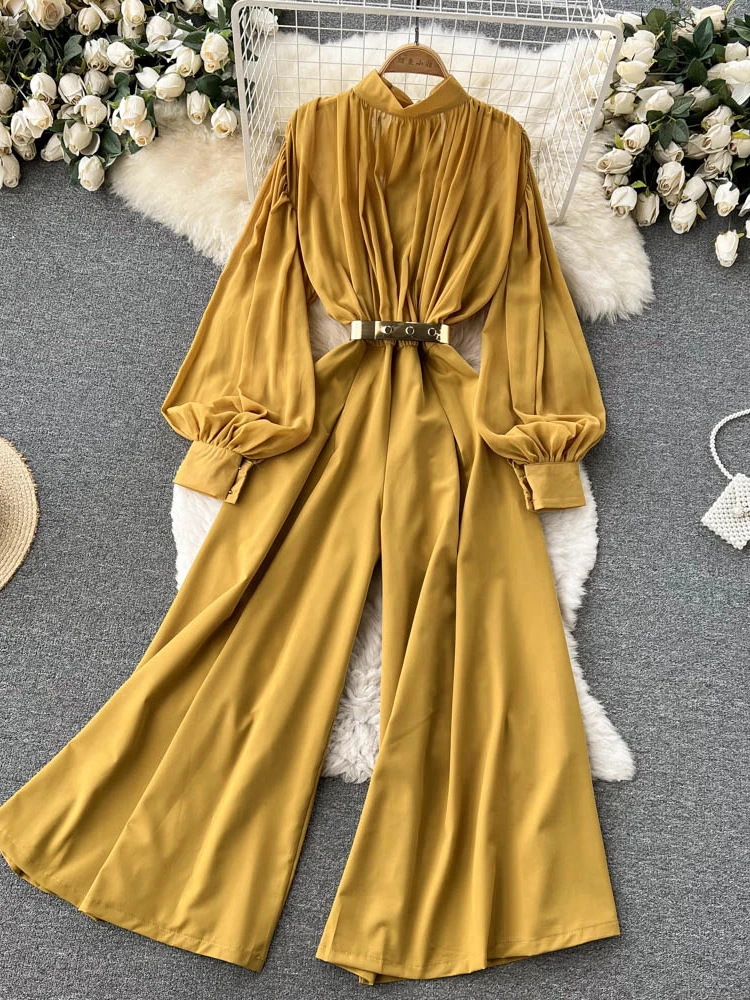 

Autumn Office Ladies Romper Green/Purple/Yellow Stand Collar Lantern Long Sleeve Wide Leg High Waist Jumpsuit Female OL New 2022