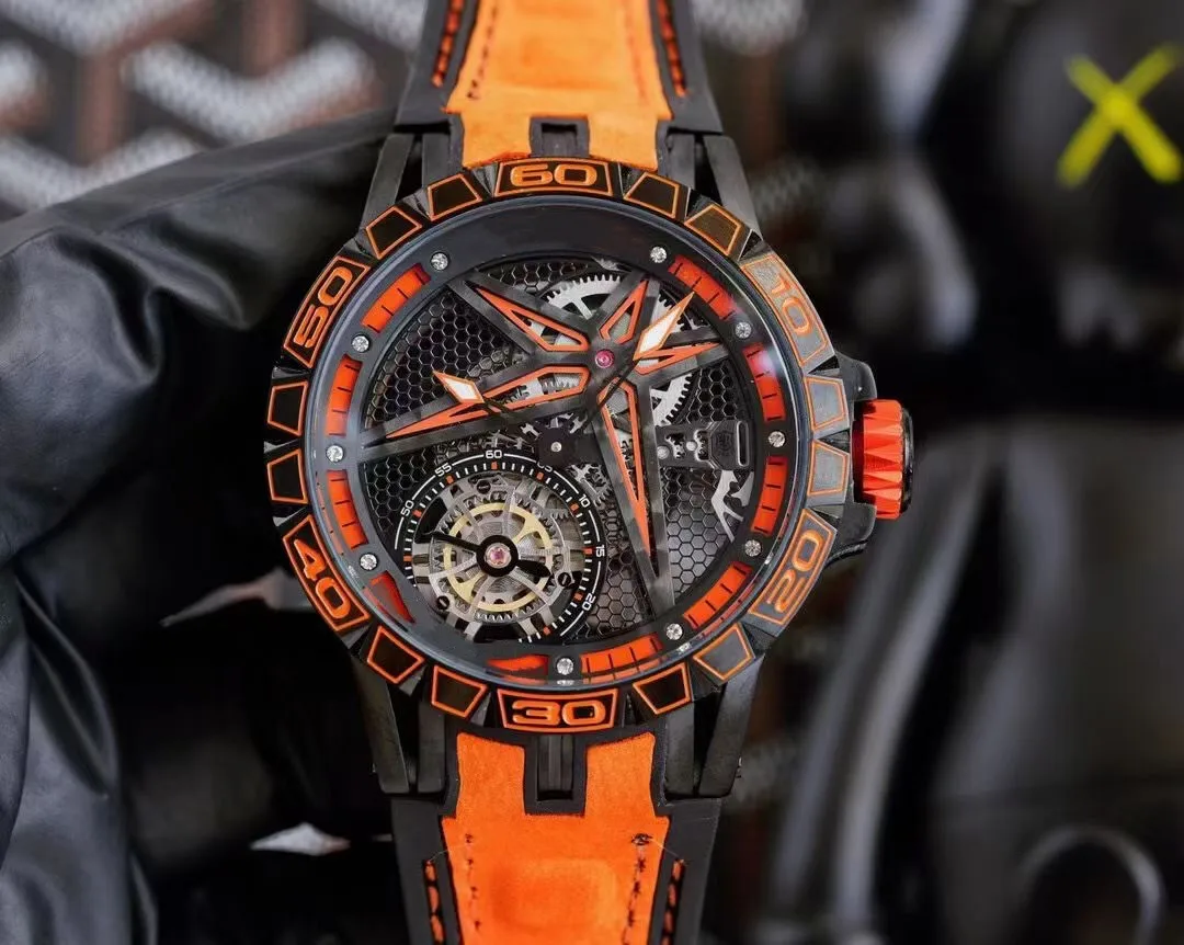 

high end RJ Brand Sport Men's automatic Mechanical Watch Business Leather Calendar Tourbillon Stainless steel Man Wristwatch