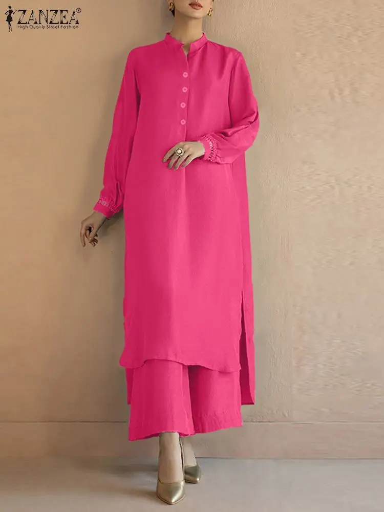 

ZANZEA Women Solid 2PCS Pant Sets 2023 Autumn Irregular Split Hem Long Shirt Suits Retro Wide Leg Trousers Outfits Oversized Set